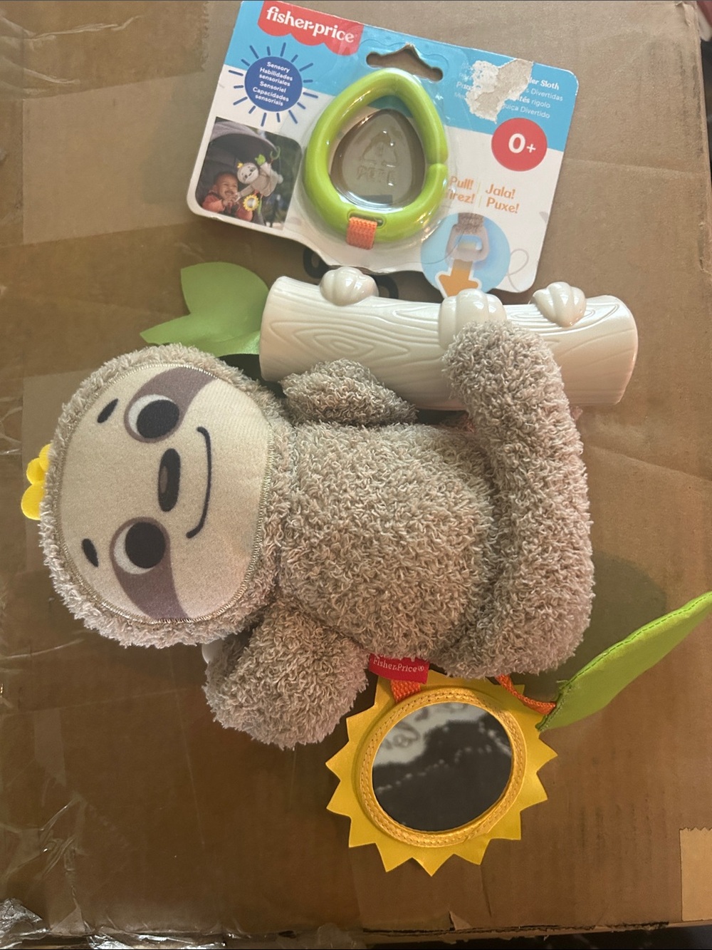 Fisher-Price Gray Plush Sloth with Yellow Sunflower Mirror